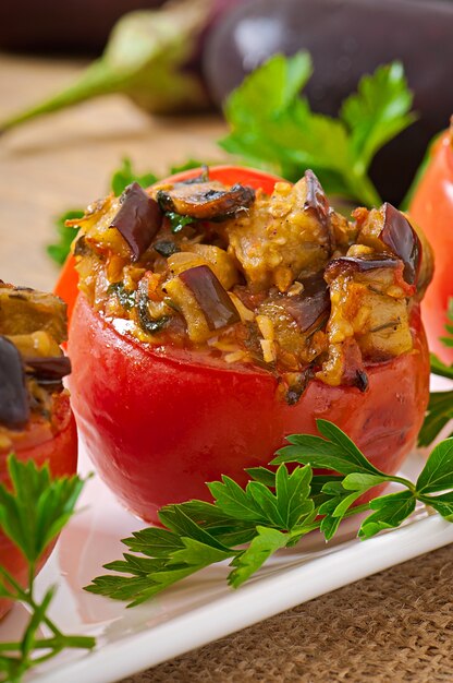 Baked tomatoes stuffed with eggplant and mushrooms