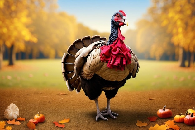 Baked turkey autumn leaves pumpkin pie apples and plates on the wooden background Thanksgiving D