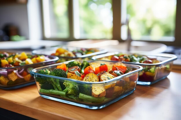 Baked vegetables in glass baking tray on table Generative AI