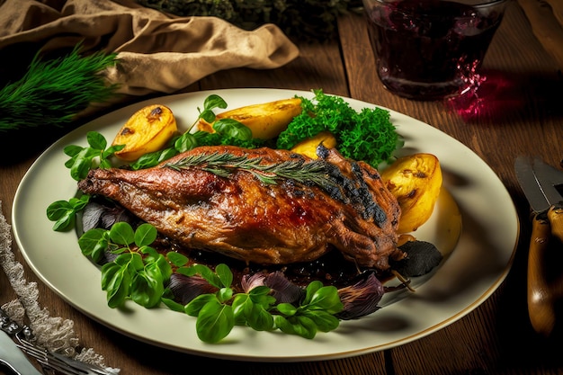 Baked with potatoes and herbs delicious fried duck on plate