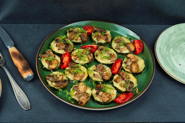 Baked zucchini with mushrooms and fresh herbs