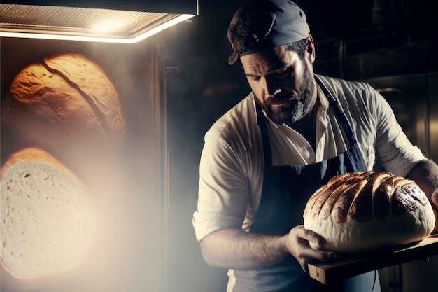 Photo a baker in an apron carrying a piece of bread on a wooden board in his bakery generative ai