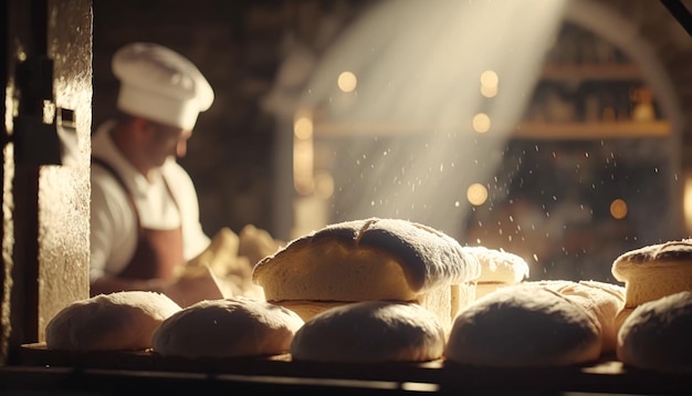 Baker baking fresh bread and pastry in the old town bakery in the morning hot freshly baked products on shelves and the oven small local business and food production Generative Ai