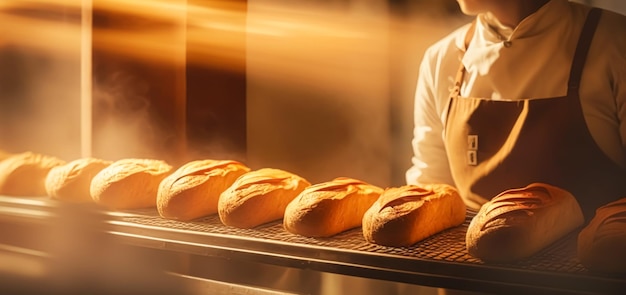 Baker baking fresh bread and pastry in the old town bakery in the morning hot freshly baked products on shelves and the oven small local business and food production Generative Ai