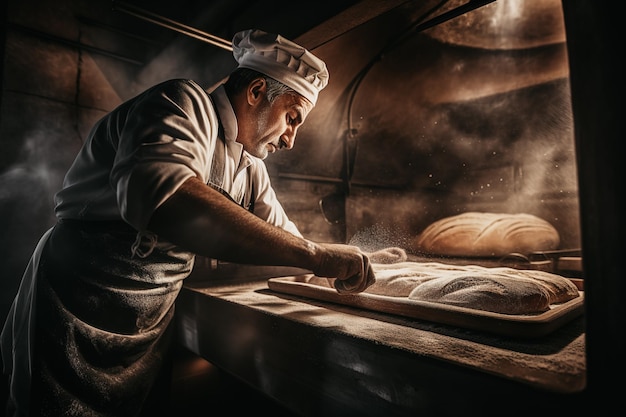 A baker baking traditional healthy bread in a large oven Healthy