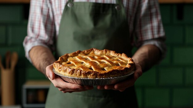 Photo a baker in a bib apron proudly holding a delicious pie 35 mm green kitchen background ar 169 style r