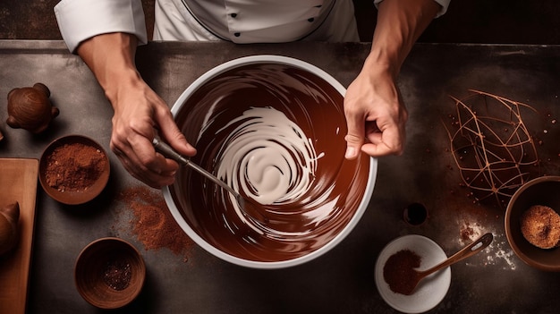 Baker or chef whisking melted chocolate in a bowl