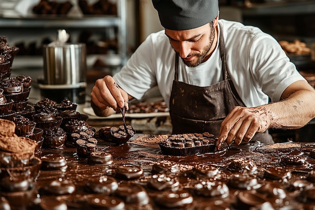 Photo baker crafting delicacies in a chocolate workshop