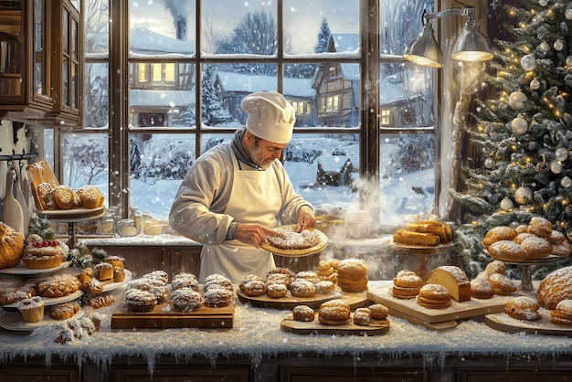 Photo baker crafting treats in a winter wonderland setting