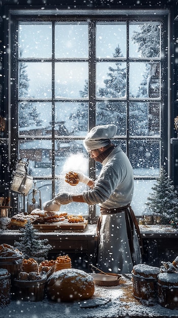 Photo baker crafting treats in a winter wonderland setting