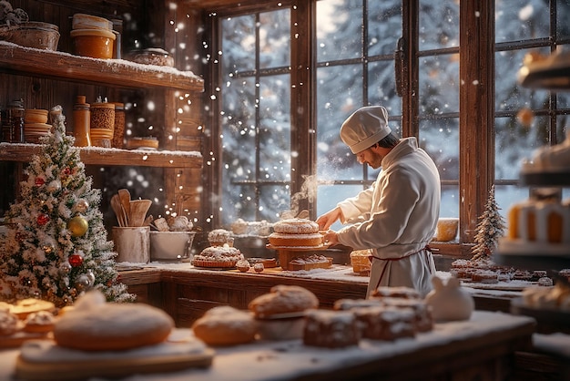 Photo baker crafting treats in a winter wonderland setting