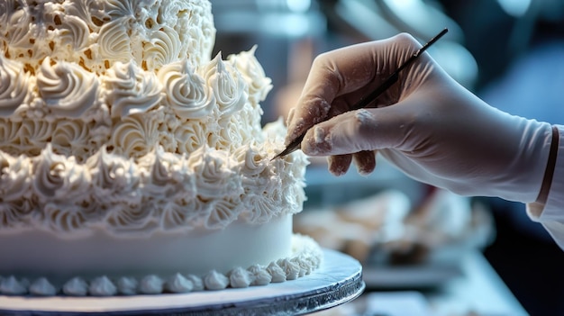 Photo baker decorating a white wedding cake