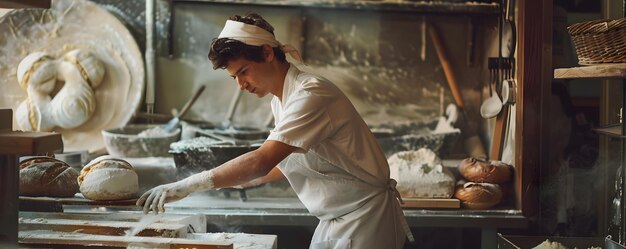 Photo baker dusting freshly baked bread in a bakery kitchen