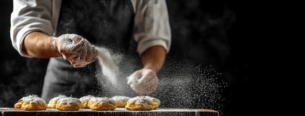 Photo baker dusting pastry with powdered sugar