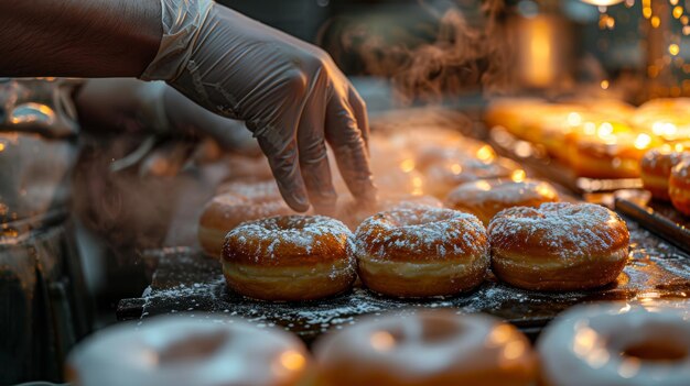 Photo baker dusting powdered sugar on fresh donuts in a bakery with warm ambient lighting