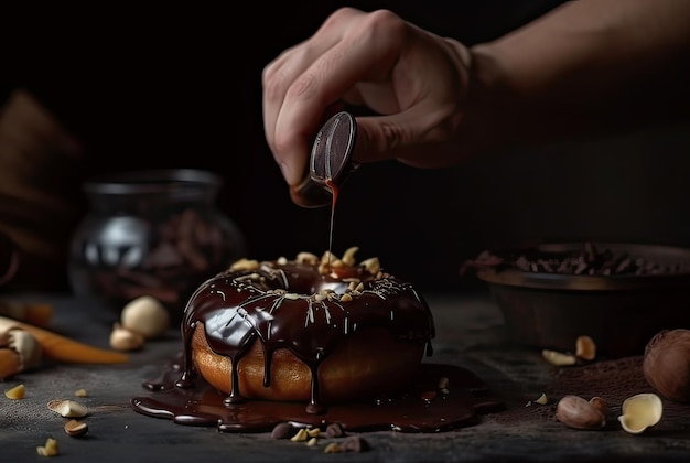 Baker in the kitchen with a cooked chocolate doughnut on a dark background Generative AI