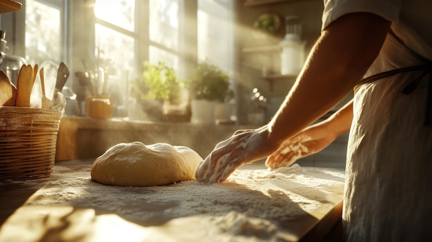 Photo a baker kneading dough in a warm kitchen