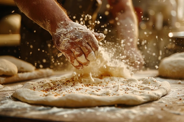 Baker Kneading Dough with Flying Flour Hands of a baker kneading fresh dough with a cloud of flour o