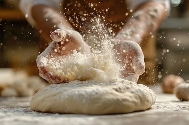 Baker Kneading Dough with Flying Flour Hands of a baker kneading fresh dough with a cloud of flour o