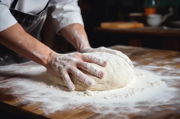 A baker kneads dough on a floured surface preparing to create delicious bread or pastries