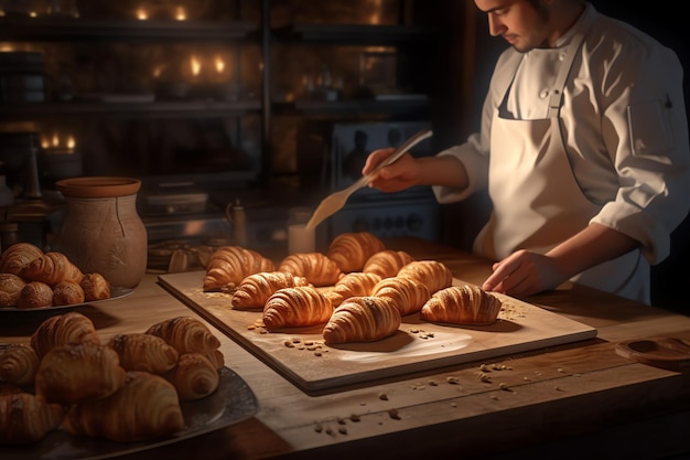 A baker prepares croissants in a dark kitchen