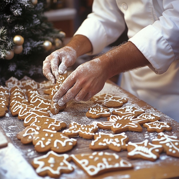 Photo a baker preparing christmas cookies with festive shapes and decorations