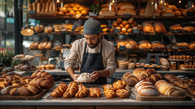 Baker preparing fresh croissants in a busy bakery