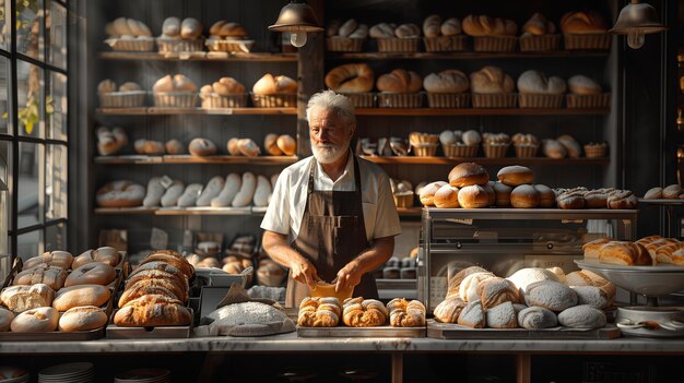 Baker preparing fresh croissants in a busy bakery