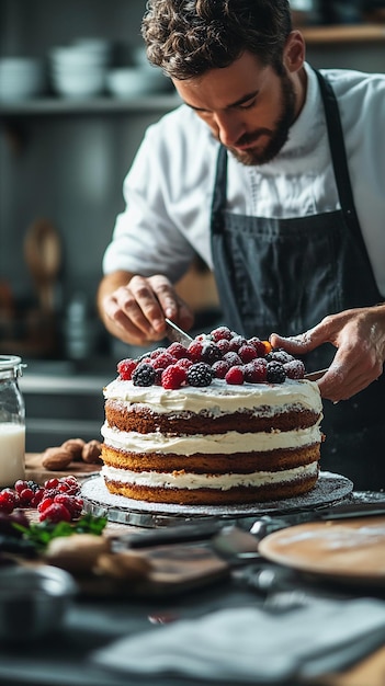 Baker Preparing a Vegan Cake in Modern Kitchen