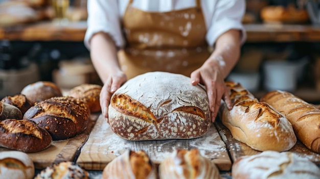 Photo a baker presenting fresh bread