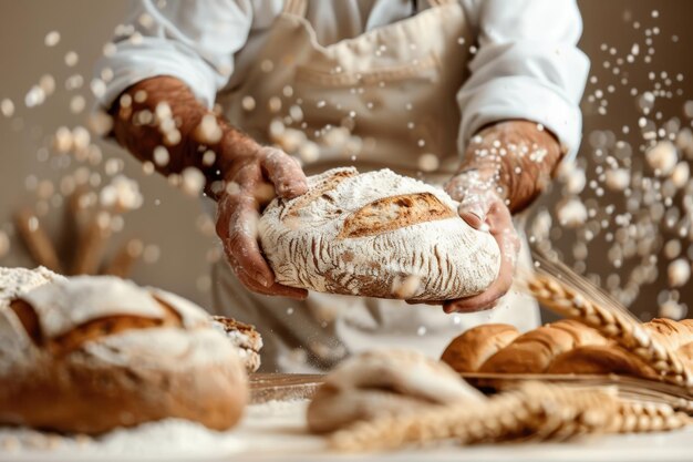 Photo baker presenting freshly baked bread