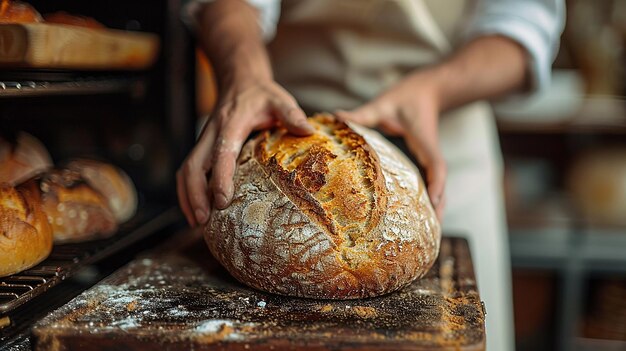 Photo baker pulling freshly baked loaf of bread