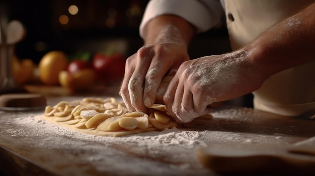 baker rolling out dough and filling it with a delicious apple mixture Generative AI