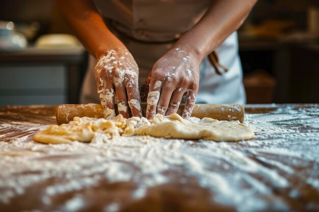 A baker rolls pastry dough onto a floured wooden countertop