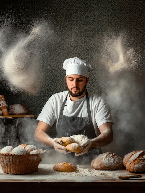 Photo a baker in a white chefs hat holds freshly baked bread with flour dust swirling around him s