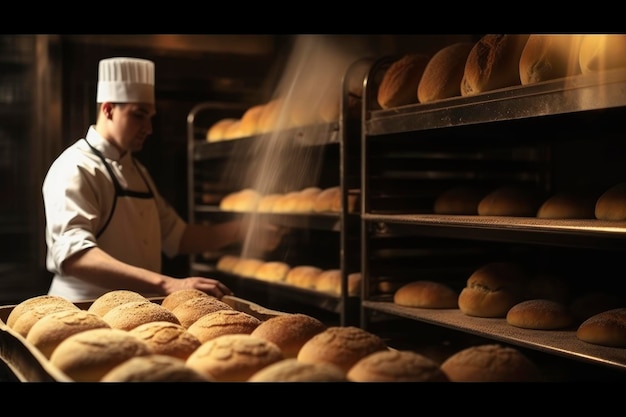 A baker in a white hat is making bread.