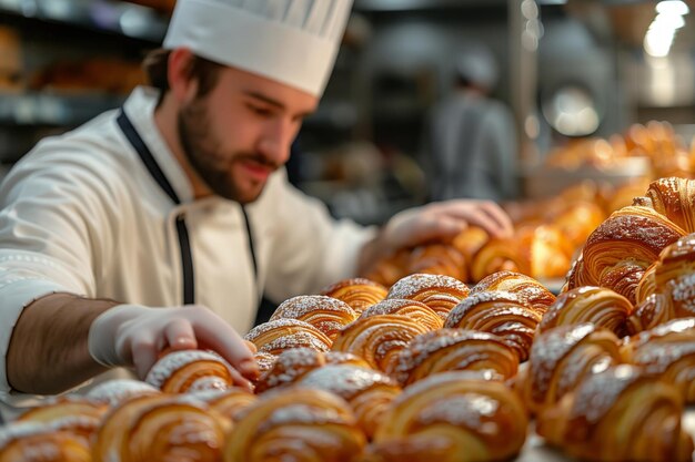 Baker in white uniform arranging freshly baked croissants in a commercial kitchen