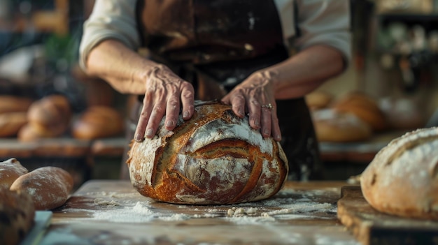 Photo the baker with fresh bread