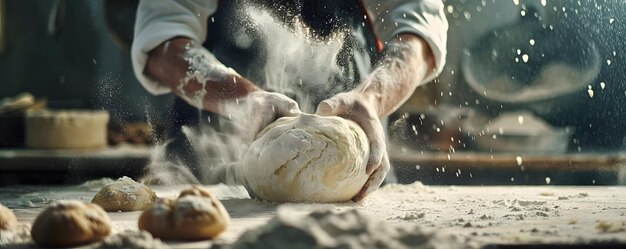 Photo baker39s hands kneading dough with flour dust flying