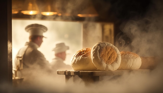 Bakers baking fresh bread and pastry in the old town bakery in the morning hot freshly baked products on shelves and the oven small local business and food production Generative Ai