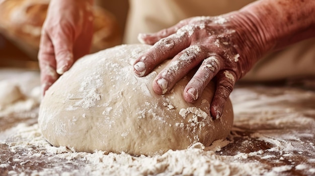 Bakers hands kneading dough for artisan bread