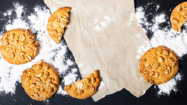 Bakery background Cartoon element for copy space surrounded by biscuits and flour