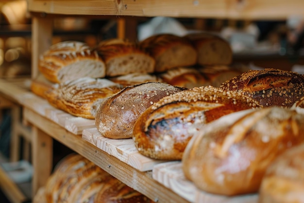 Photo bakery bread closeup of crusty sourdough bread on wooden shelf