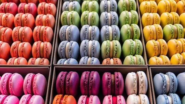 A bakery display with colorful macarons