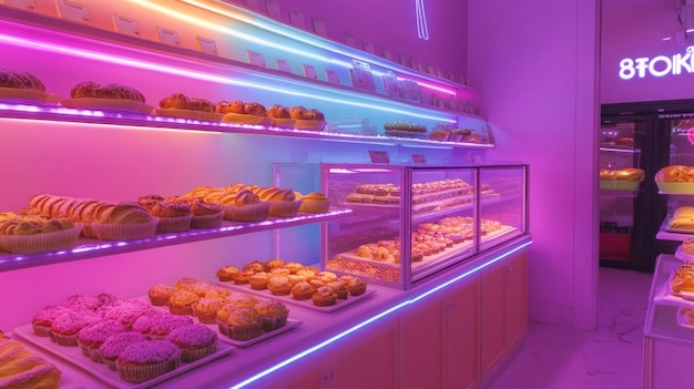 Photo bakery display with neon lights