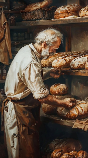 Bakery Owner Carefully Arranging Bread Display