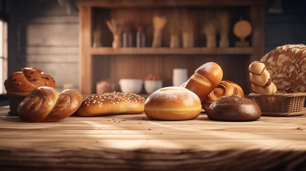 Bakery products on a wooden table in a bakery generative ai