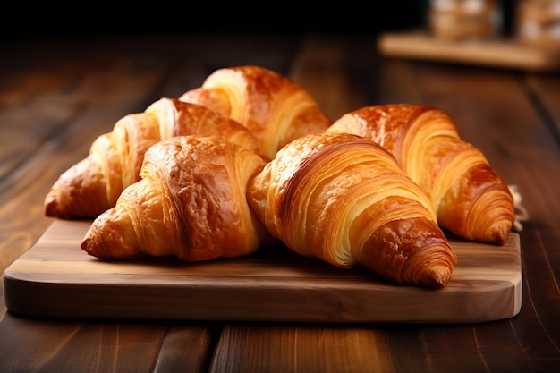 Bakery products on a wooden table freshly baked croissants