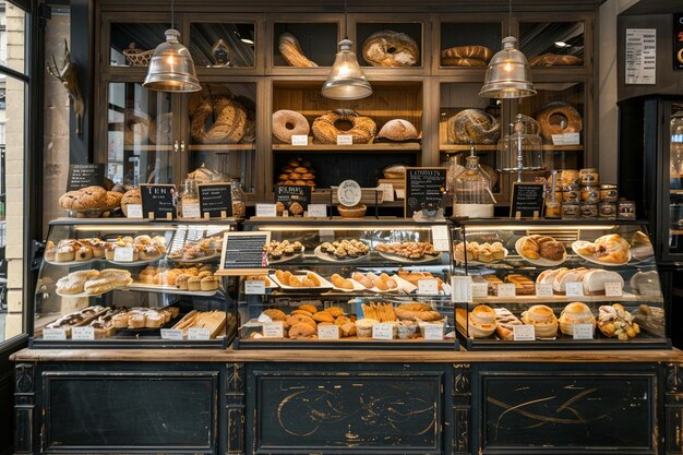 Bakery shop interior and freshly baked pastries and bred on shelf