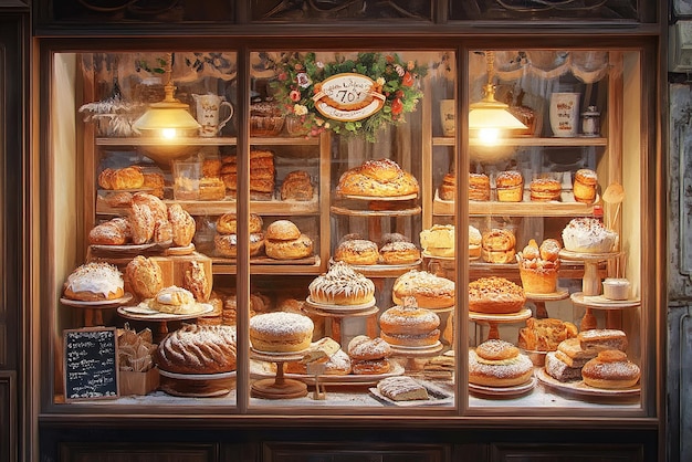 Photo bakery windows are decorated with tempting breads pastries and cakes